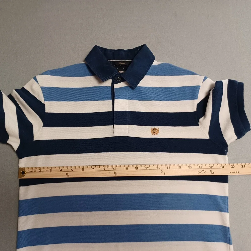 Fahrenheit Rugby Mens Blue White Striped Short Sleeve Polo Shirt Size M‎ Crest